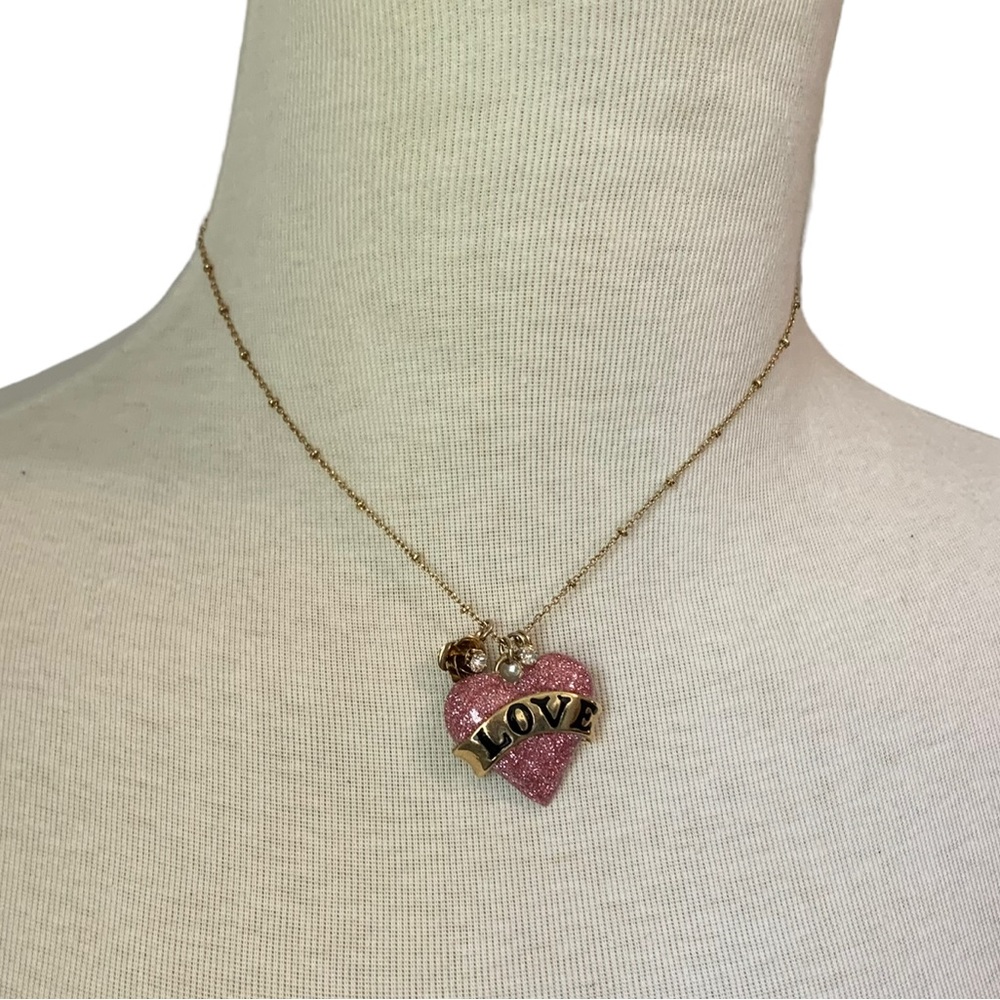 Betsey Johnson Necklace Pink Heart Gold Chain Crystal & Pearl Bead Signed